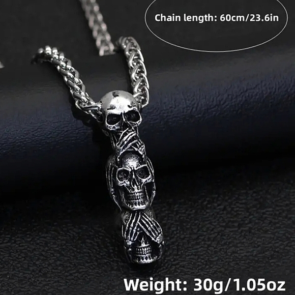 New! MEN'S See, Hear, Speak No Evil Skull Stack Pendant Necklace. - Picture 7 of 8